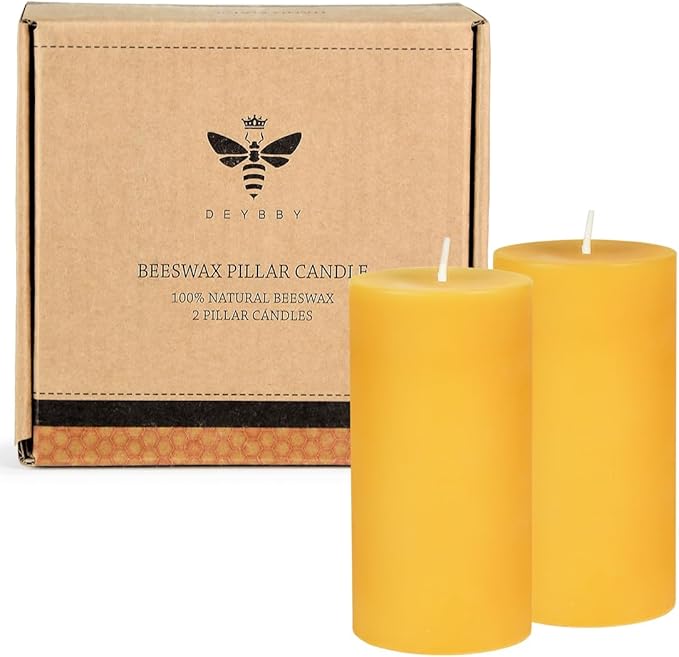 DEYBBY Natural Beeswax Pillar Candle, Smokeless Dripless Pure Beeswax Candle Set with Natural Scent for Room Decoration Prayer Party, Long Lasting Burn Time, 2 X 4 inch (2 Pack),Yellow Raw