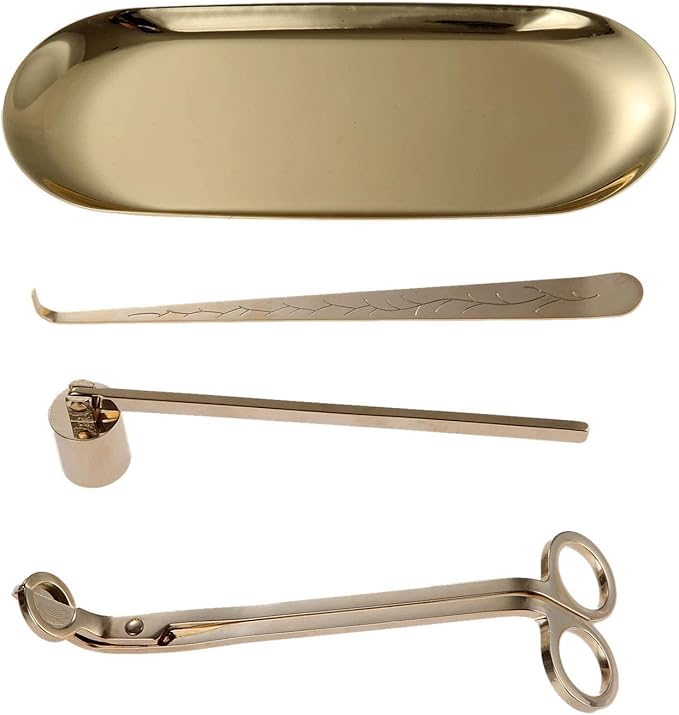 MUXSAM 4 in 1 Candle Accessory Set - Wick Trimmer, Dipper, Snuffer, Storage Tray Plate, Candle Care Tools Gift for Lovers of Home Decoration (Gold)