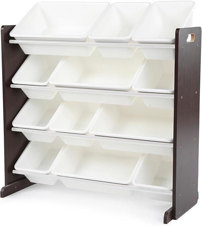 Humble Crew Kids Toy Storage Organizer with 12 Plastic Bins, Espresso/White – Removable Bins for Playroom, Bedroom, Toddler Furniture for Boys and Girls Ages