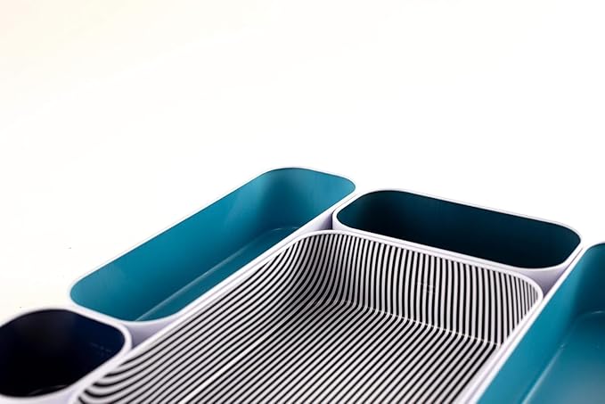 Three by Three Seattle 5 Piece Metal Organizer Tray Set for Storing Makeup, Stationery, Utensils, and More in Office Desk, Kitchen and Bathroom Drawers (2 Inch, Assorted Blue and Stripes)