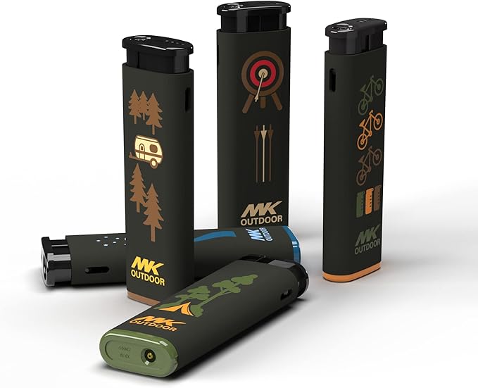 MK Lighter Outdoor Series Alpine Set 5-Pack Assorted Design Multipurpose Refillable, Windproof Flame, Slip Guard Candle & BBQ, Prepping & Camping Supplies, Survival Lighters (OUTDOORSMEN)
