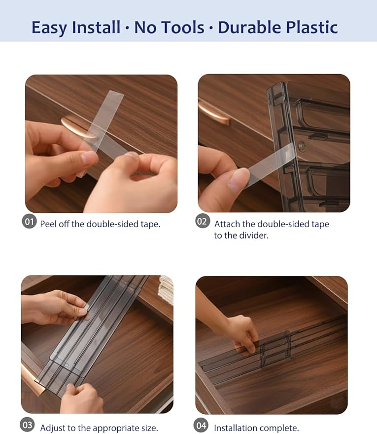 5 Pack Smoke Grey Drawer Dividers - Semi-Transparent Adjustable Plastic Separators with Adhesive Pads - Modern Non-Slip Organizer for Men's Dresser, Office Desk, Kitchen & Tool Box, 3.15" High