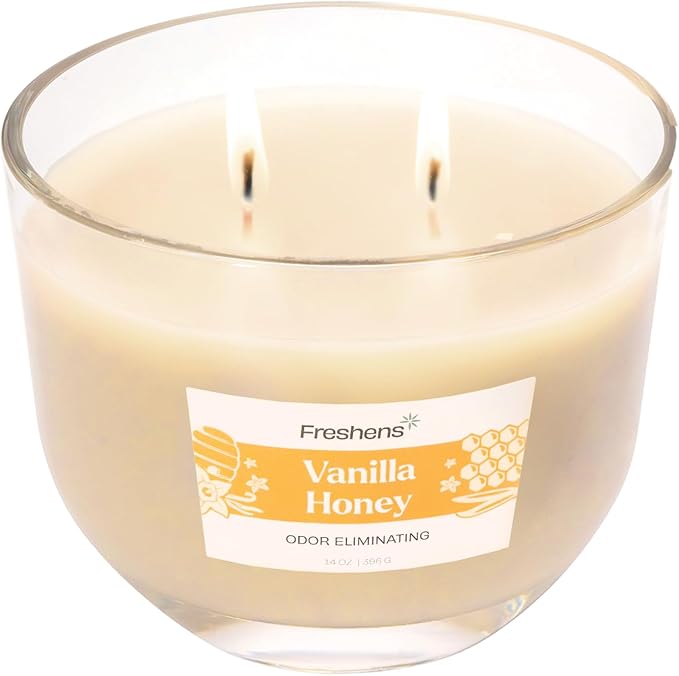 Carolina Freshens Vanilla Honey Odor Eliminating Highly Fragranced Candle for Home Scented, Eliminates 90% of Pet, Smoke, Food and Other Smells Quickly, 2 Wick, 14 oz - Made in The USA