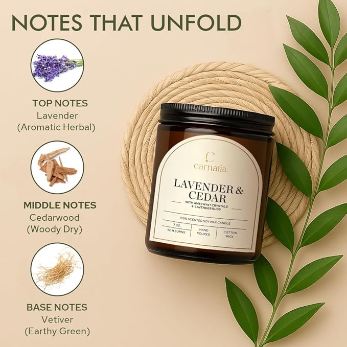 Carnatia Lavender & Cedar Scented Candle – 7 oz | 100% Soy Wax with Cotton Wick | 50 Hour Burn | Aromatherapy Candle for Home, Calm Focus & Relaxation | Gift for Women & Men