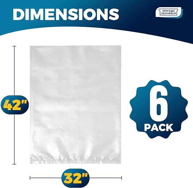 Storage Standard Large Clear Plastic Bags for Storage 6-Pack - Waterproof Extra Large Plastic Bags with Zip Ties, Heavy-Duty Cover for Clothes, Blankets, Linens & Bedding Organization - 32 x 42 Inches