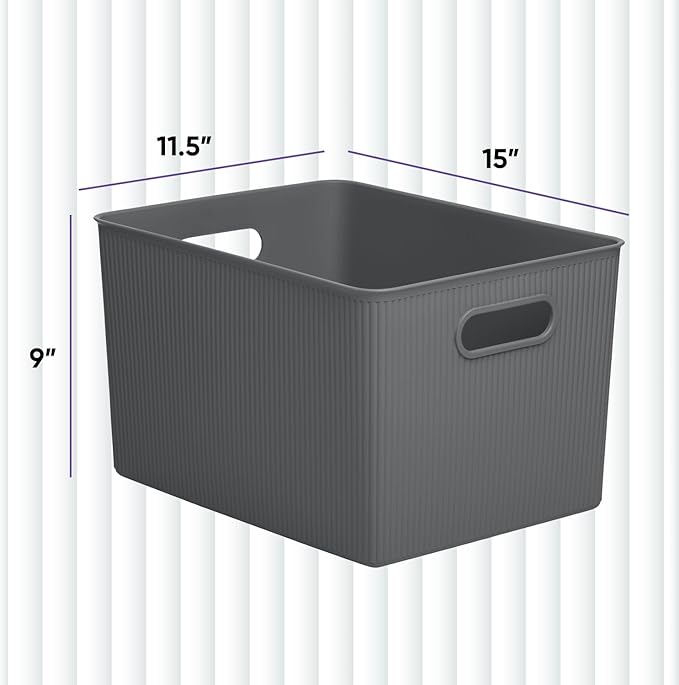 Superio Ribbed Collection - Decorative Plastic Basket Open Home Storage Bins Organizer, X-Large Grey (4 Pack) Container Boxes for Organizing Closet Storage Bins for Shelves 22 Liter/23 Quart