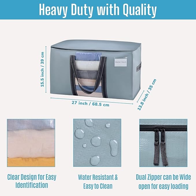 VENO 10 Pack Moving Bags with Clear Window, Heavy Duty Storage Bins with Lid, Around Handles, Tag, Zippers, Extra Large Totes Packing Moving Boxes Supplies for College Dorm Clothes (Light Blue)