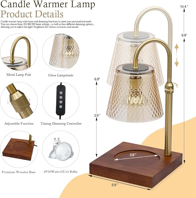 Candle Warmer Lamp with Timer (2H/4H/8H), Adjustable Height Dimmable Wax Melting Lamp for Jar Candles, Electric Candle Lamp for Home Decor, Ideal Gift for Candle Lovers (Amber)