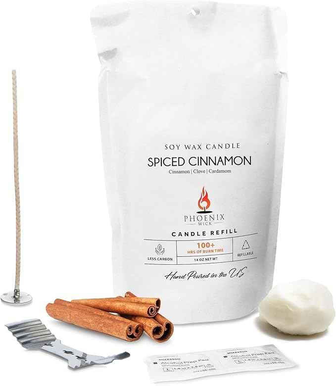Phoenix Wick Candle Making Kit – Transform Anything Into A Candle – Candle Making Kit with Wick + 14oz Wax (Spiced Cinnamon Scent)