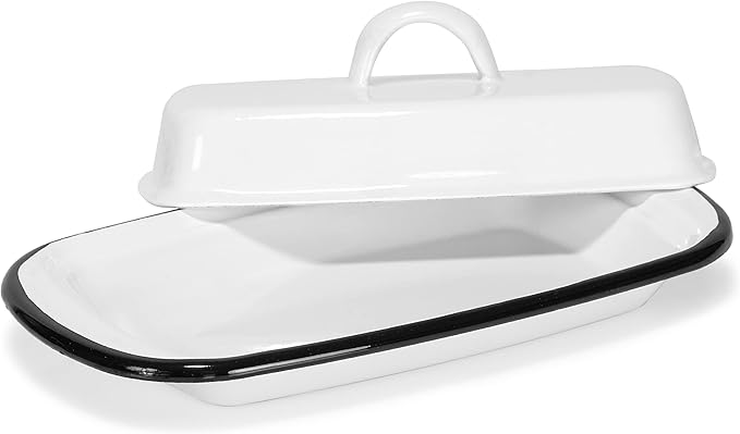 Red Co. 7.75” x 4.5” Enamelware Metal Cheese Server & Butter Dish Holder with Dome Lid, Distressed White/Black Rim