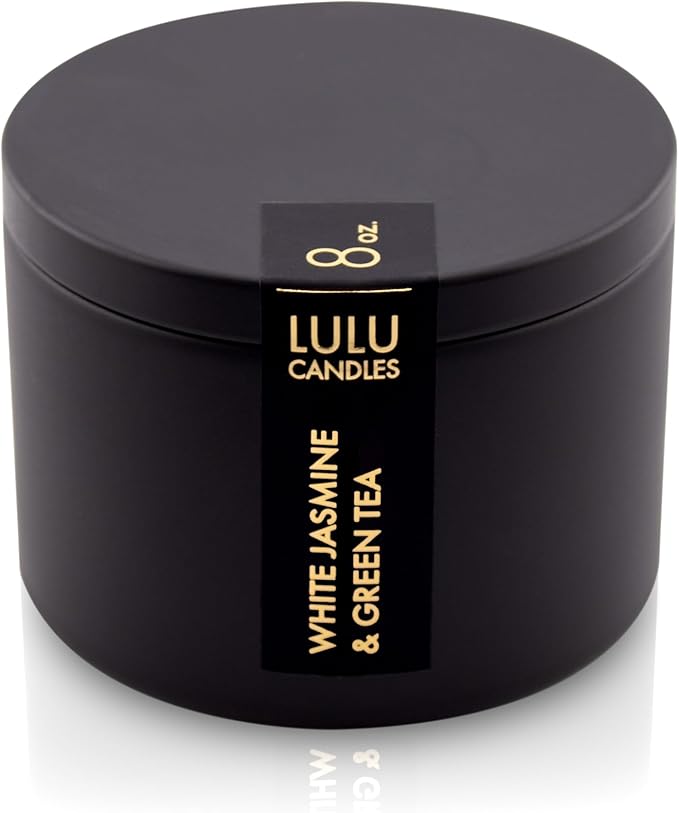 Lulu Candles | White Jasmine & Green Tea Scented Candle | Smells Floral & Calming | Luxury Scented Soy Tin Candle | Hand Poured in The USA | Highly Scented & Long Lasting (8 Oz. Tin)