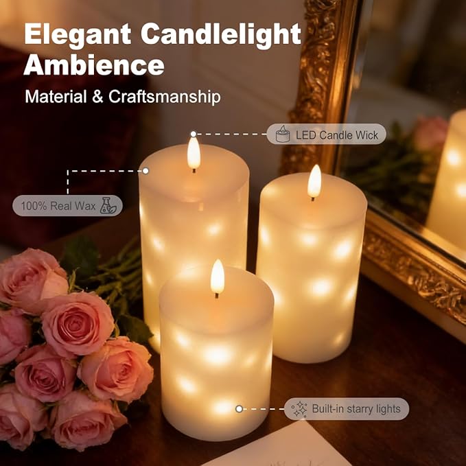 Rechargeable Glass LED Flameless Candles, Embedded Star String Flickering Flameless Candles for Romantic Ambiance and Home Decoration with Remote & Timer(White)