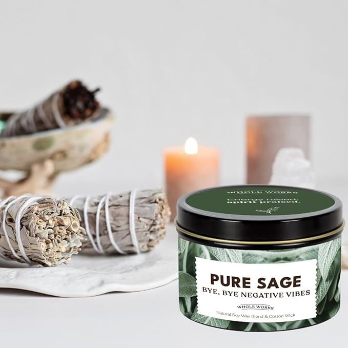 Premium Sage Candle for Cleansing – Natural Soy Wax, Cotton Wick, Paraben and Phthalate Free Scent, Non Toxic, Clean Scented Candles for New Home, Smudging, House Negative Energy Protection, 6oz