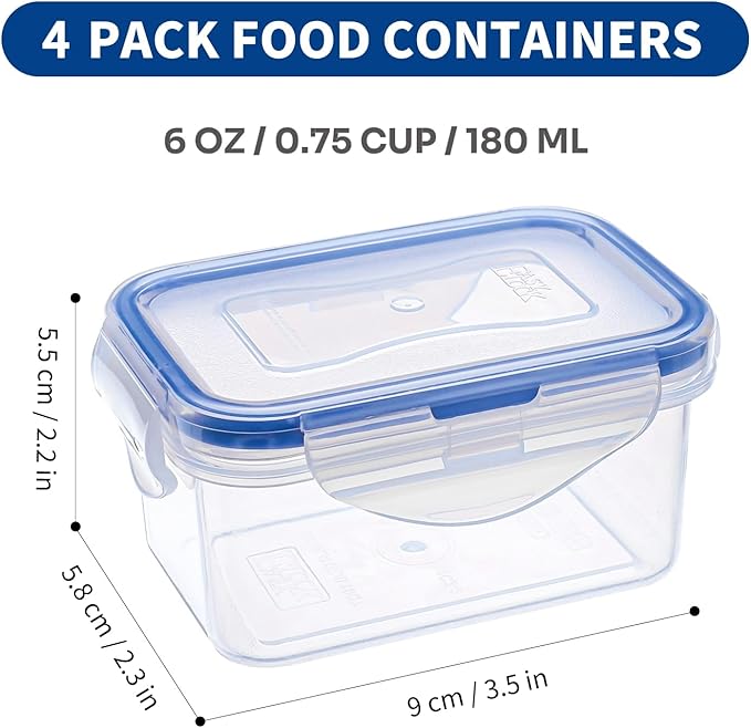KIGI 6OZ Small Mini Plastic Food Storage Containers with Leakproof & Airtight Lids, Ideal for Lunch, Meal Prep & Snack, Rectangular, BPA FREE, Mixed Color Silicone Strips, 0.75 Cup, 8 Piece Set