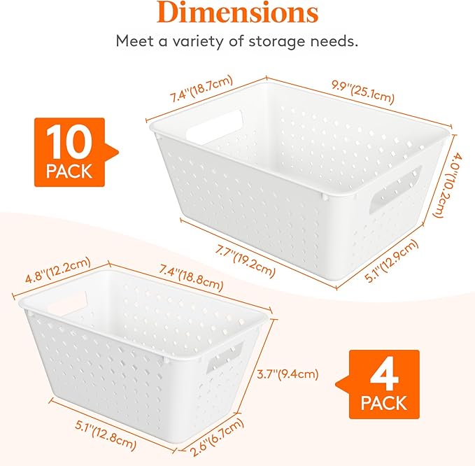 Lifewit Plastic Storage Basket for Organizing, 14 Pack Stackable Open Containers, Multi Size Storage Bins for Shelving, Pantry, Office and Cabinet, 10 Large and 4 Small Size, White