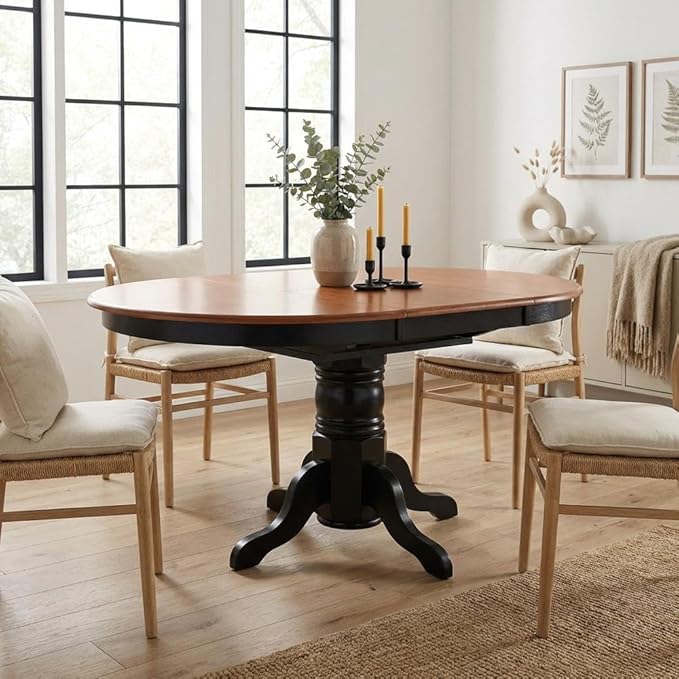 Furnifact Oval Dining Table with 18 Inch Butterfly Leaf, Classic Pedestal Base, Asian Wood Construction, Black Finish for Kitchen and Dining Room Use