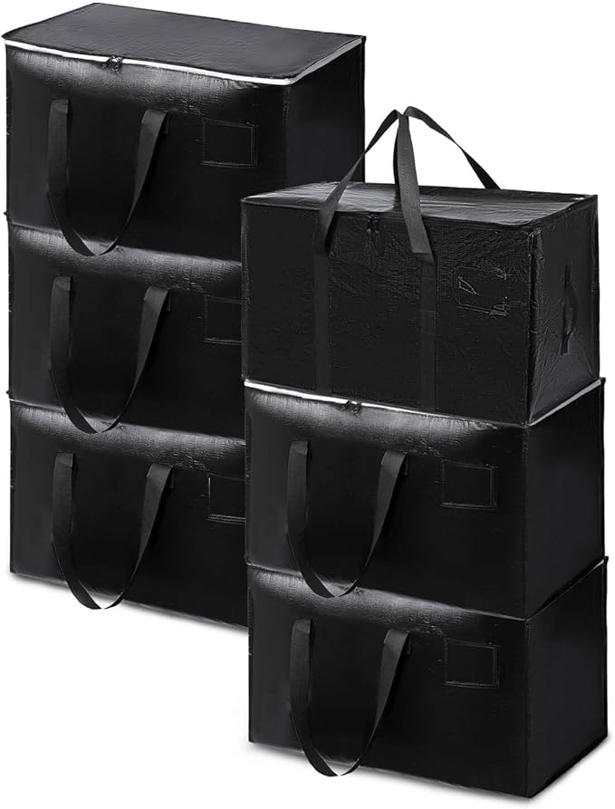 6 Pack Large Moving Bags with Zippers & Carrying Handles, Heavy Duty Storage Tote Moving Boxes ，Space Saving (Black, 6 Pack)