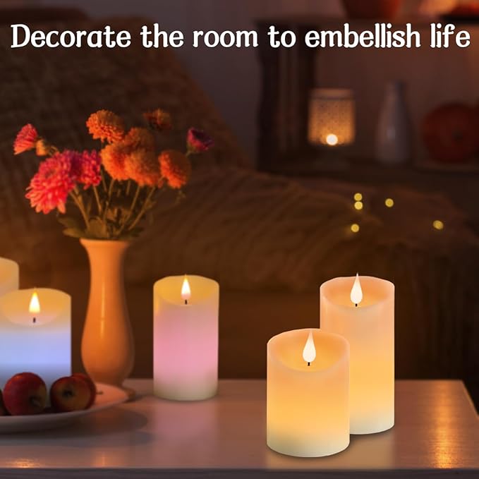 Flameless Candle RGB Set, Flickering LED Pillar Real Wax Candle with Remote Control and Timer, Upgraded Blue Flame Heart, Built-in Battery Rechargeable Flameless Candle, 1 Set of 3