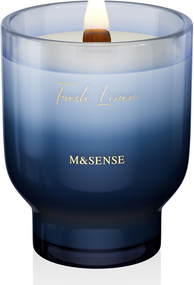 M&SENSE 16.6oz Natural Soy Large Jar Candle with Wooden Wick | Fresh Linen Scent | 95-Hour Burn & Long-Lasting Burn | Housewarming Gift for Men and Women
