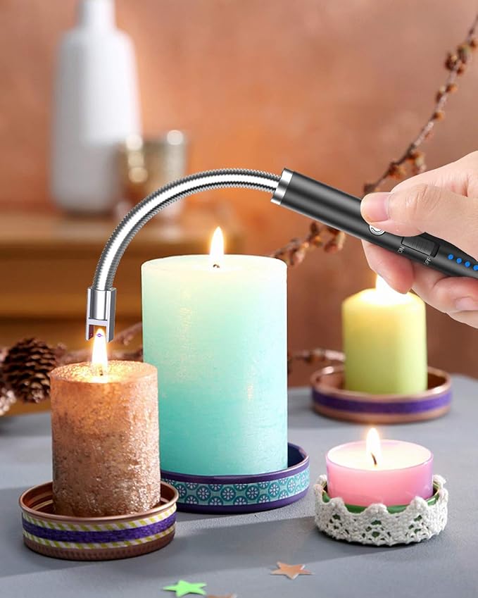 VEHHE Candle Lighter, 2 Pack Rechargeable Electric Lighter with LED Battery Display Safety Switch, Flexible Neck USB Lighters for Candles Camping Grill Gas Stoves Cooking (Black and Gold)