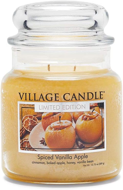 Village Candle Spiced Vanilla Apple Medium Apothecary Jar Candle, 13.75 Oz, Traditions Collection, Ivory