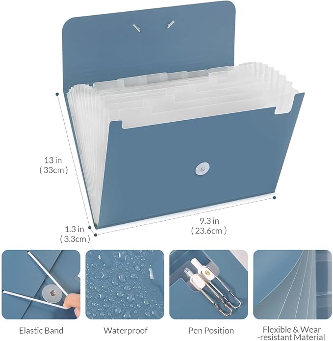 SKYDUE Expanding File Folde rwith 13 Pockets, Accordion File Organizer fits for A4/Letter Sized Paper, Accordion Folder with Labels - Document Receipt Organizer for Office, School, Home Blue