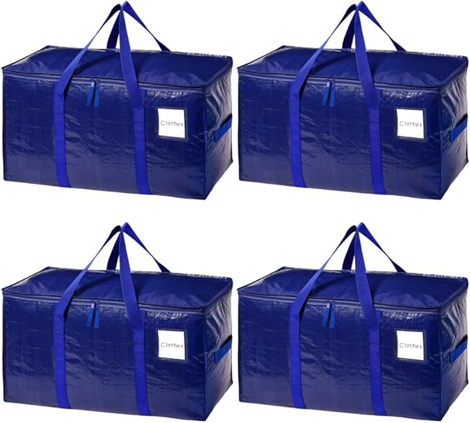 SINLAND 4 Pack Extra Large Heavy Duty Moving Bags with Strong Zippers, Reinforced Handles and Tag Pocket, Packing Totes Supplies for College Dorm Room, Packing Bags for Saving Space (Blue)