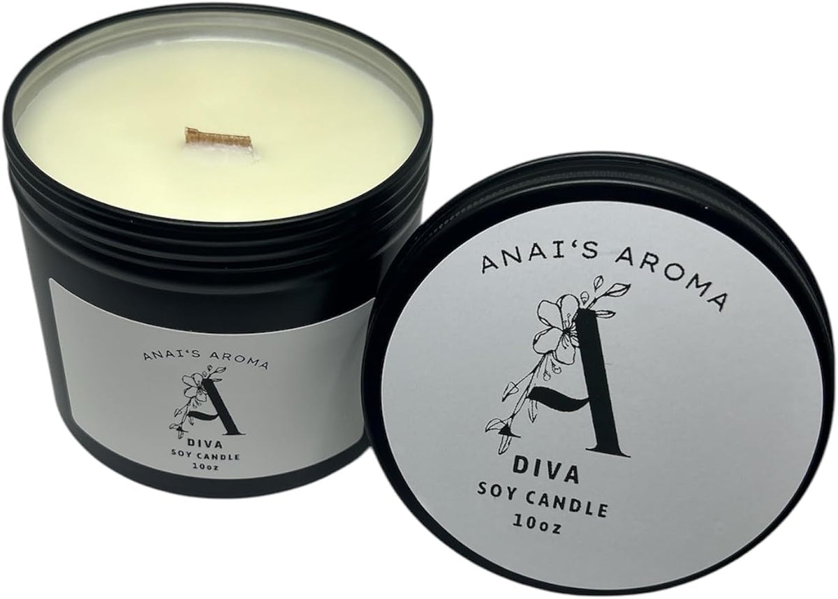 ANAI'S AROMA Diva Scented Candle 10 oz Soy Wax Premium Scent Long Lasting, Odor Eliminating Candle Wood Wick Crackling Wood Candle in Black Metal Tin Jar