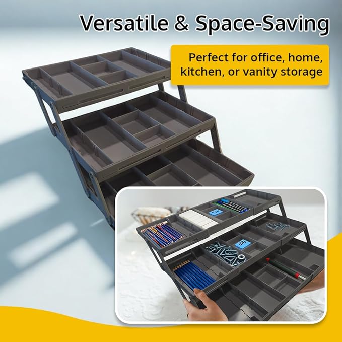 3 Tier Drawer Organizer, Multi Level Smart Drawer Organizer for Desk, Expandable Organizer for Office, Makeup, Jewelry, Kitchen, Folding Storage for Home and Office Drawers & Craft Organizer - Gary