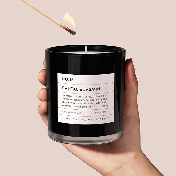 Santal & Jasmine Luxury Scented Candles, 9oz Soy Wax Candles for Home Scented, Jasmine, Sandalwood, Lilac Scent, Long Burning Time, Gifts for Women, Friends, Men, Sister, Teacher, Housewarming