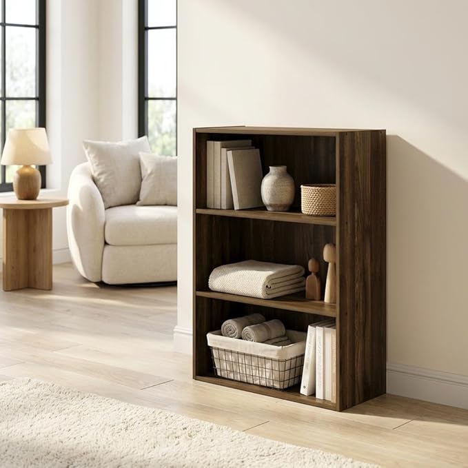 Furnifact Columbia Walnut Open Shelf Bookcase with 3-Tier Design, Durable Wood Construction for Home Office, Living Room Storage and Organization