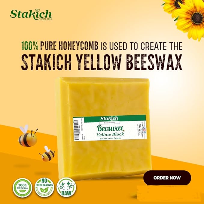 Stakich Yellow Beeswax Block - Natural, Triple Filtered - 2 Pound