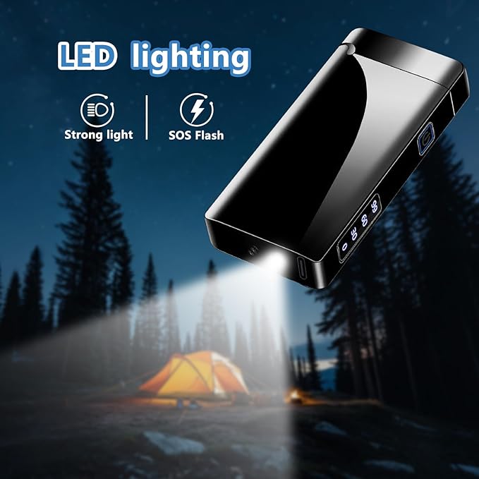 Electric Lighter USB Type-C Rechargeable Plasma Arc Lighter, High Power Flame Torch Lighter Windproof with LED Battery Indication Candle, Incense, Camping Gifts (Ice Black, 220mAh)