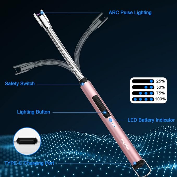 MeeToo Lighter, Electric Candle Rechargeable USB Lighter Plasma Arc for Candle Birthday Camping Rose Gold