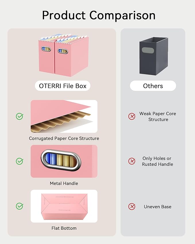 Oterri File Organizer Box, Portable Collapsible Cardboard File Folder Organizer with Handle for Letter Size Hanging Files, Document Storage Box for Home Office & Classroom (4 Packs, Pink)
