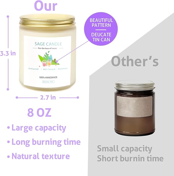 Sage Candle for Cleansing House, 8Oz 45 Hrs Soy Wax Sage Scented Candles for Home Scented Candle, for House Energy Cleansing, Banishing Negative Energy, Purification and Healing,Women Gifts