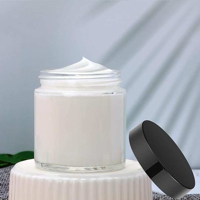 4oz Glass Clear Cosmetic Jars with Black Lids,Empty Small Glass Jars with Inner Liners,Round Travel Sample Container for Cream,Lotion,Ointments,Candle Making,Set of 25