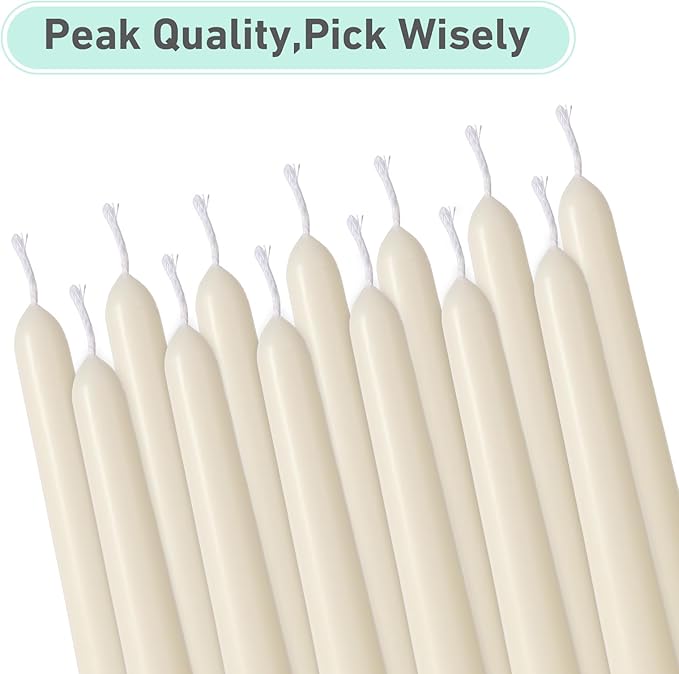 12 Pack Ivory Taper Candles - Taper Candles 10 Inch Smokeless & Unscented - 8 Hours Long Burning - Hand Poured Tall Candlesticks - Ideal for Wedding, Party, and Home Décor