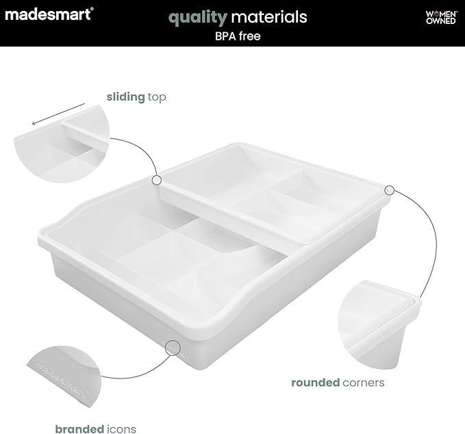 madesmart 13-Compartment Junk Drawer Organizer with Sliding Top Tray, Multi-Purpose Storage for Kitchen, Office & Bathroom Drawers, White