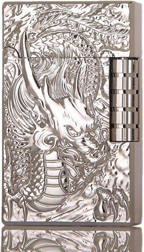 Dragon Relief Design Side Wheel Frosted Lighter, Refillable Butane, Soft Flame Lighter, Flip, Outdoor, Camping, Men's Gift (Free of Butane Gas) Silver