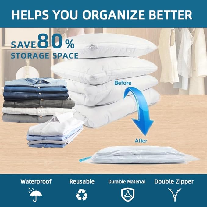 10 Pack Vacuum Storage Bags with Hand Pump,Double zipper sealing, 2 Jumbo + 4 Large + 4 Medium Vacuum Seal Bags for Clothing,Blankets,Comforters (10, Electric Pump)