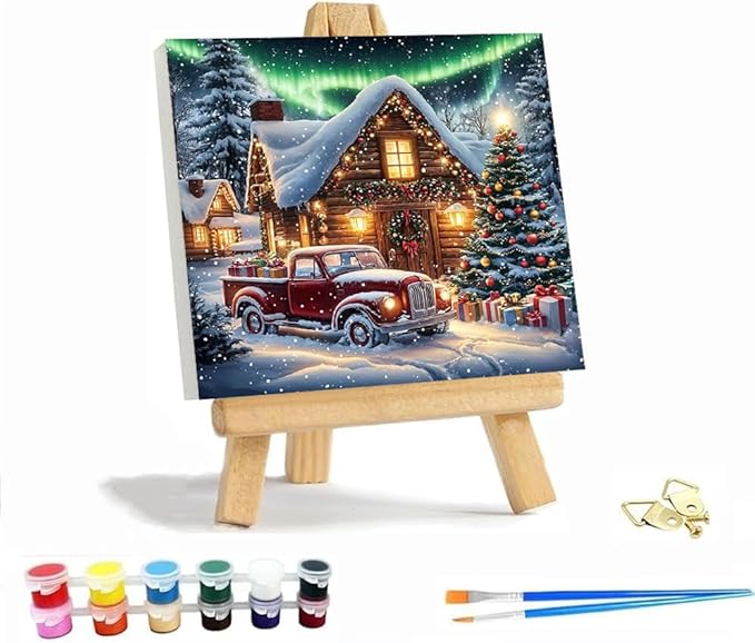 VIGEGU Christmas Paint by Numbers Kit for Adults with Framed,Winter Truck Christmas Tree House Aurora Landscape Paint by Number DIY Adult Paint by Number Kits for Wall Decor 12x12in