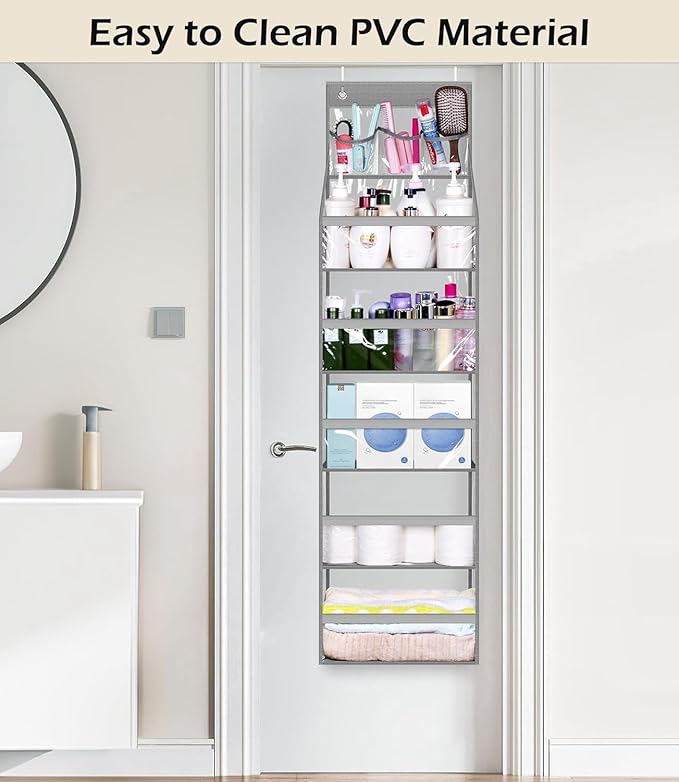 MISSLO Full Clear PVC Over The Door Organizer Hanging Closet Storage with 5 Large Pockets and 3 Top Plastic Pouches for Pantry, Bathroom, Bedroom to Store Clothes, Diapers