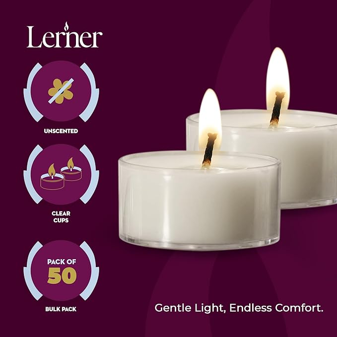 Lerner Tealight Candles in Clear Cups, 200 Count | 8 Hour Long-Burning White Tea Light Candles | Non-Toxic, Smokeless & Soot-Free