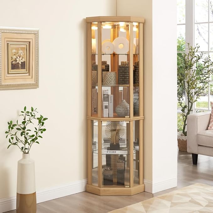 Corner Lighted Glass Curio Cabinet for Living Room Space Saving Vertical Tall Display Case with Light for Antique Wine Bar Glass Storage (Light Oak)