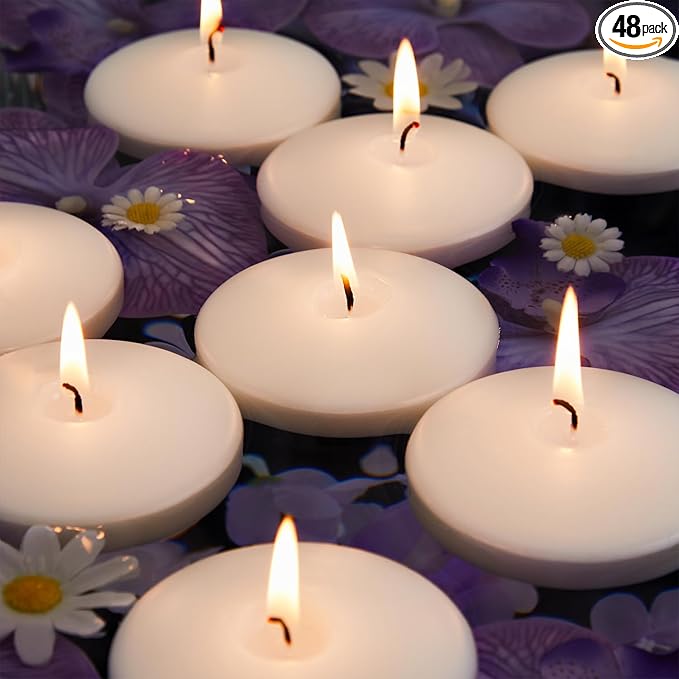 Crenovo Floating Candles Dripless, 10-Hour Clean Burn, 3 Inch Unscented Candles for Wedding, Party, Centerpieces, 48 Pack Ivory Water Candles Romantic Decoration for Valentine's Day