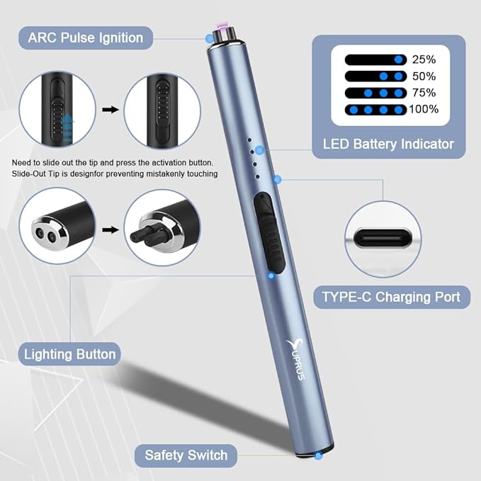 SUPRUS Electric Arc Windproof Flameless USB Rechargeable Lighter with Safety Lock for Candle (Blue)