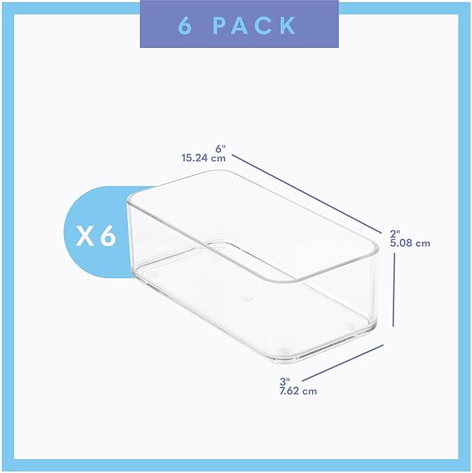 primebox Plastic Clear Drawer Organizers. Bathroom, Kitchen, Bedroom, Nail Polish, Office Organizer Bins, Storage Trays. Heavy Duty, Stackable. 6" x 3" x 2" Set of 6