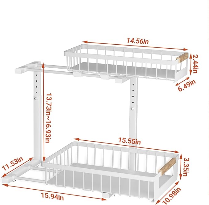 2 Pack Under Sink Organizer, 2 Tier Pull Out Cabinet Organizer with 5-Level Adjustable Height, Sliding Metal Storage Rack for Kitchen Bathroom Pantry, White