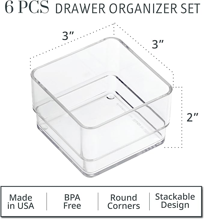 STORi SimpleSort 6-Piece Stackable Clear Drawer Organizer Set | 3" x 3" x 2" Square Trays | Small Makeup Vanity Storage Bins and Office Desk Drawer Dividers | Made in USA
